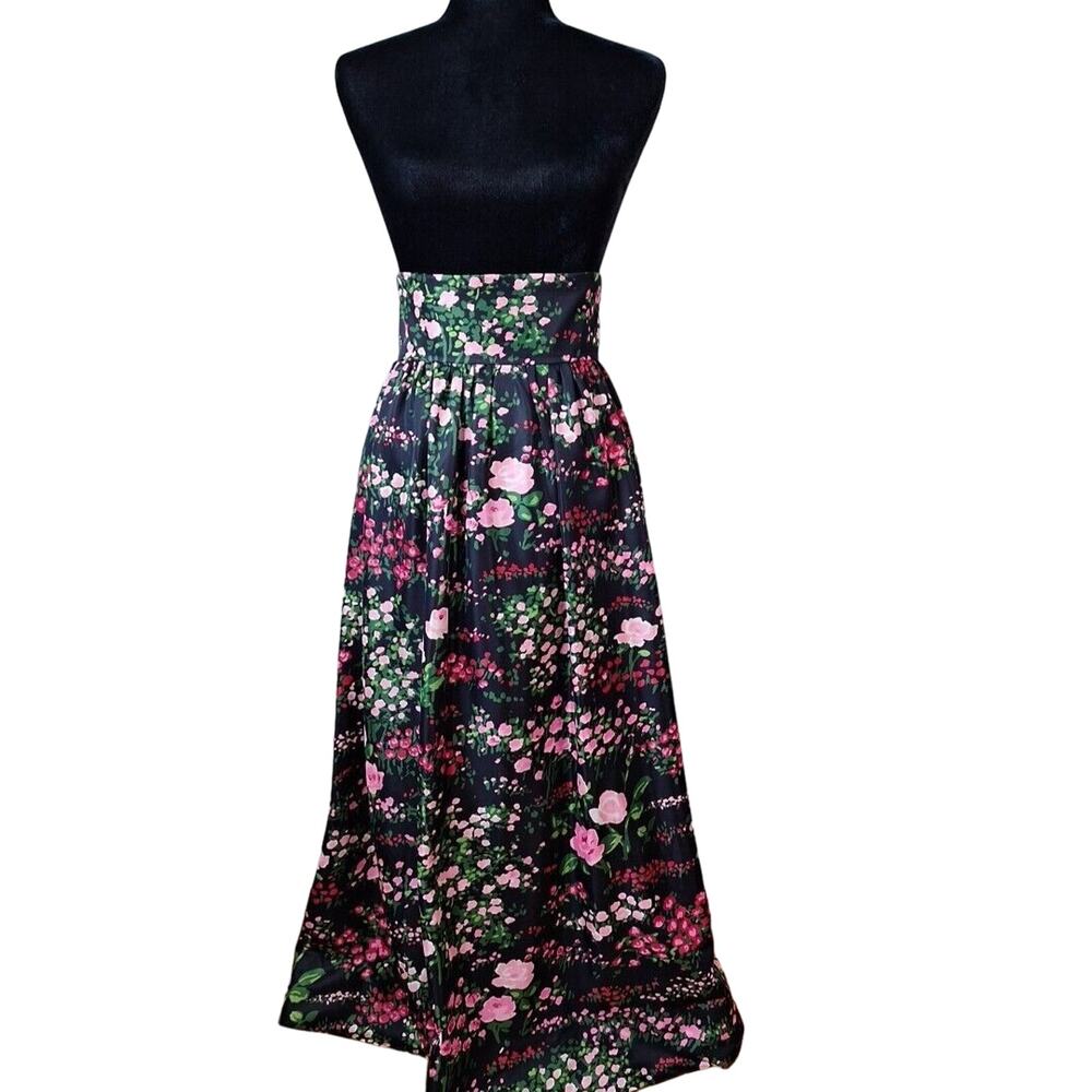Vintage 70s High Waist Black Pink Rose Floral Maxi Skirt Mod Hippie Size Small - Picture 12 of 12